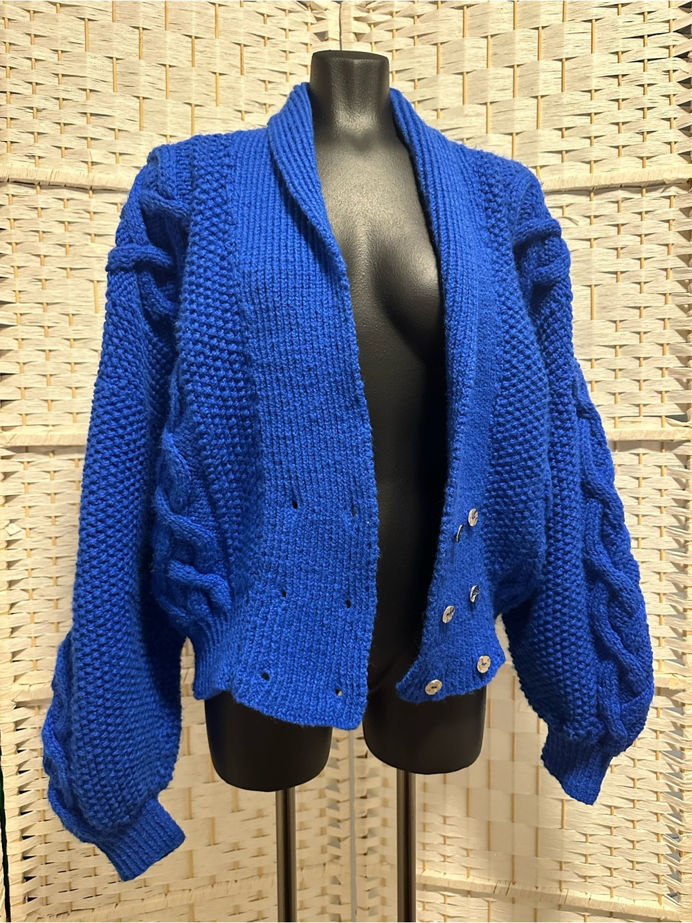 Royal Blue Cable Knit Shawl Collar Cardigan